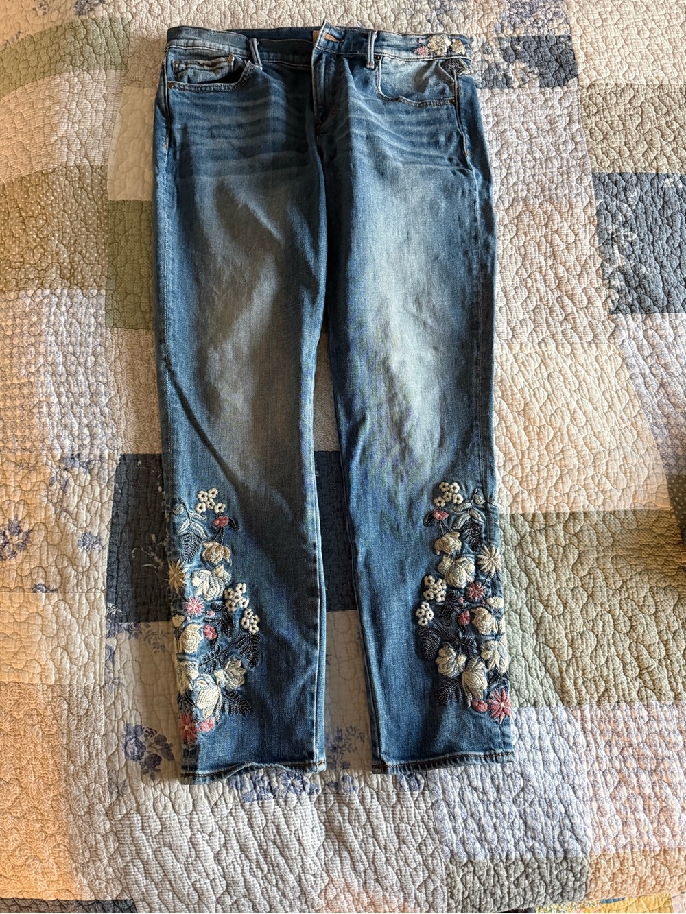DRIFTWOOD Blue Straight-Leg Jeans with Floral Embroidery